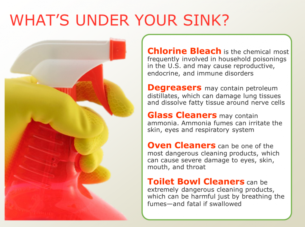 Are chlorine bleach, degreasers, glass cleaners, oven clea